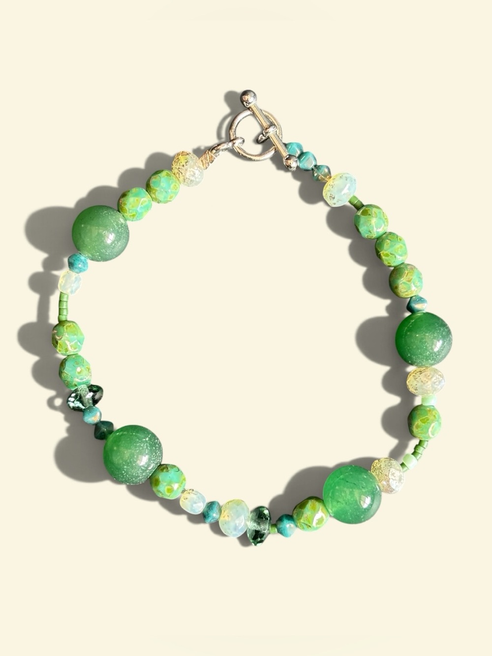 Handmade Green Jade & Gold Foil Beaded Bracelet | 7 IN | Toggle Clasp - Picture 5 of 7